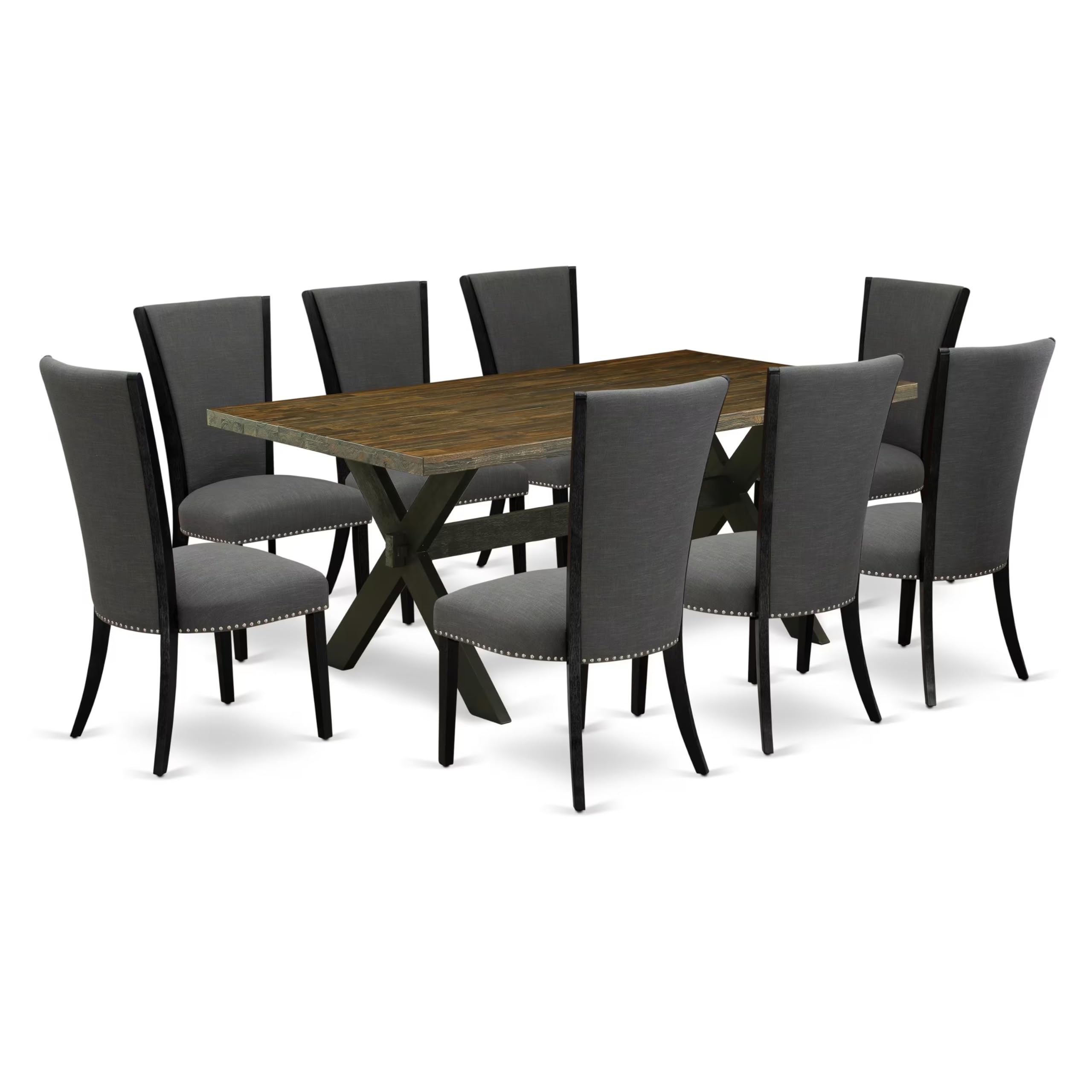 East West Furniture X677Ve650-9 9 Piece Dining Table Set Includes A Rectangle Dining Room Table With X-Legs And 8 Dark Gotham Linen Fabric Parsons Chairs, 40X72 Inch, Multi-Color